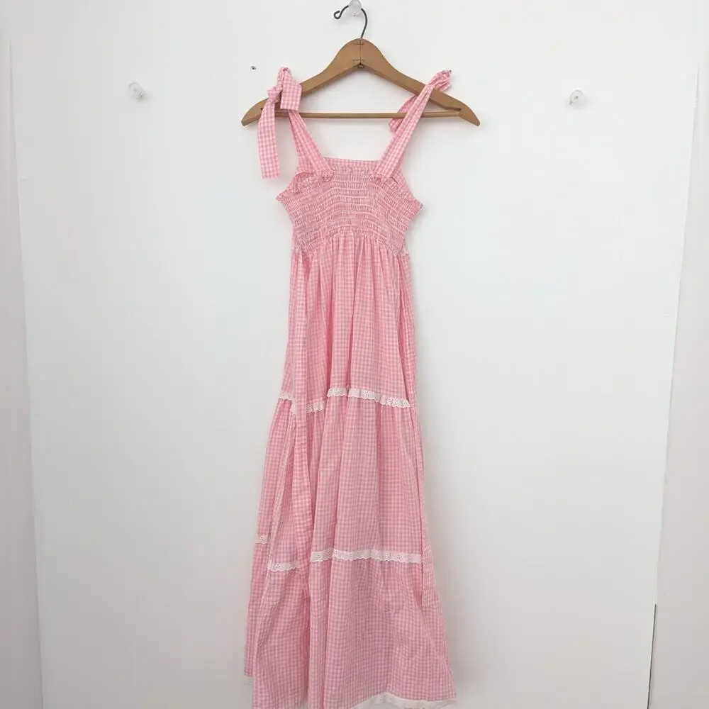 Vintage Cinderella Dress Girls Size 10 Pink Gingham Embroidered Sundress Maxi